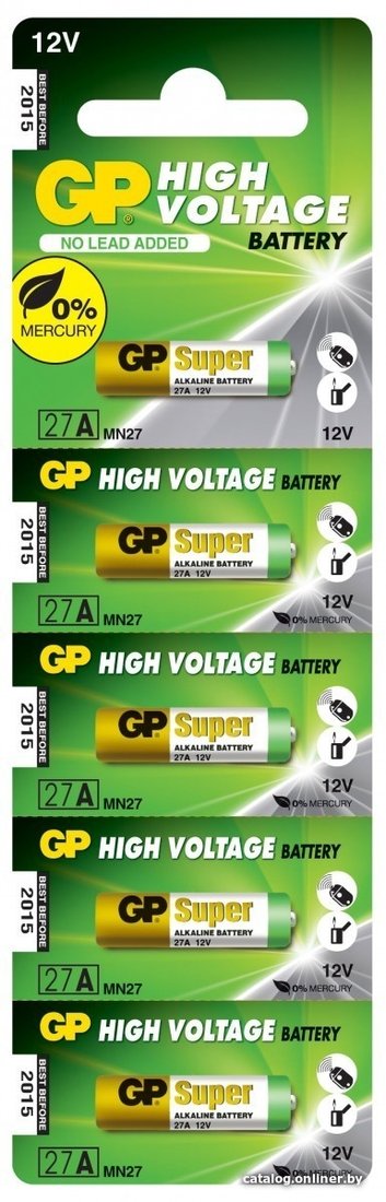 Батарейка GP 27A-BC5(27AFRA-2C5) 100/1000 Super Alkaline 27A, 5 шт MN27 (5 шт. в уп-ке) (02982)