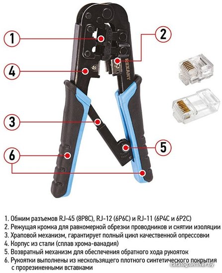 Инструмент обжимной HT-568R (RJ-45, RJ-11, RJ-12(UTP)), 6P/8P, С ФИКСАТОРОМ
