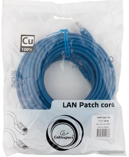 Патч-корд UTP Cablexpert PP10-10M/B кат.5, 10м, литой, многожильный (синий)