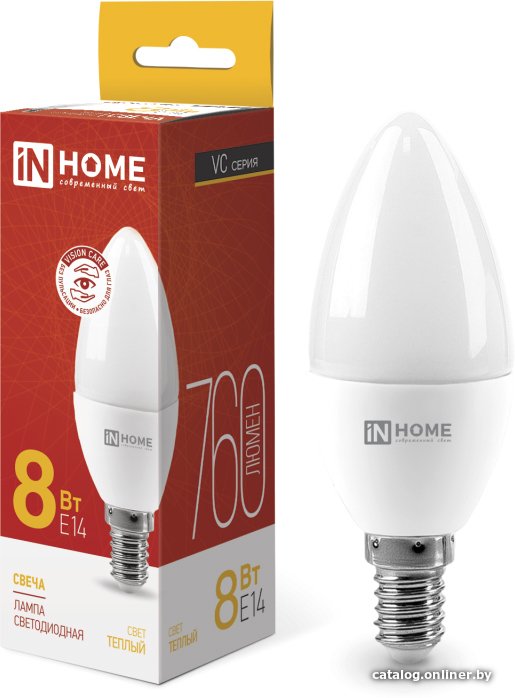 Лампа светодиодная In Home LED-СВЕЧА-VC E14 8W 230V 3000К 600Lm Warm Light 4690612020426