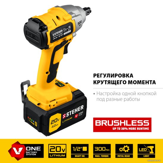 Гайковерт STEHER CWB-300-1 20В бесщёточный 1 АКБ (4Ач) в кейсе