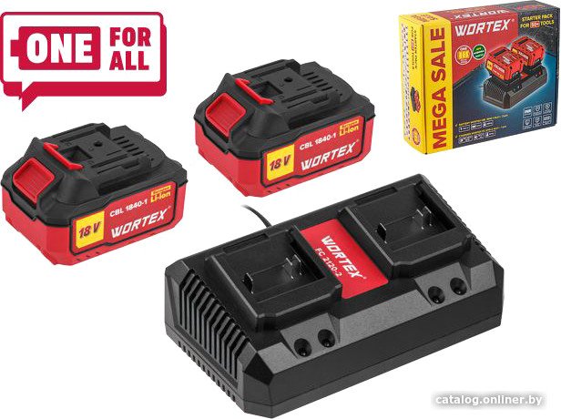 Аккумулятор + зарядное устройство Wortex ALL1 (18.0 В, 2x4.0 А*ч, индикатор заряда, обрезиненный корпус, зарядно) 1329413
