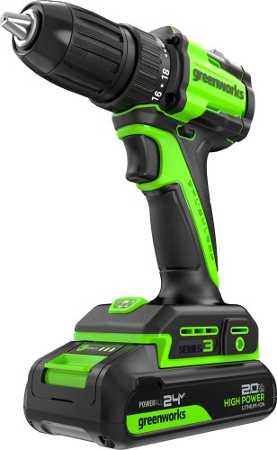 Дрель-шуруповерт Greenworks DD345 (24V аккум, бесщет 1х2Ач, ЗУ, кор) 3708307CUA