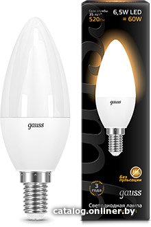 Лампа LED Gauss 6.5Вт свеча 3000К тепл. бел. E14 520лм 150-265В 103101107